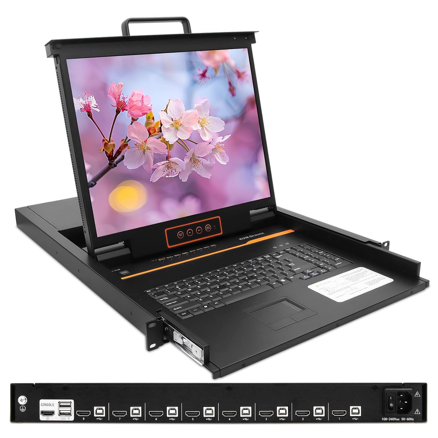 1U Rack Mount KVM Console Built-in 8 Port HDMI KVM Switch, 19' Rackmount Monitor, Keyboard and Touchpad, OSD/Hotkey/Button Switching,1280X1024@60Hz, 5:4 Aspect Ratio, Incl. KVM Cable and Ground Wire