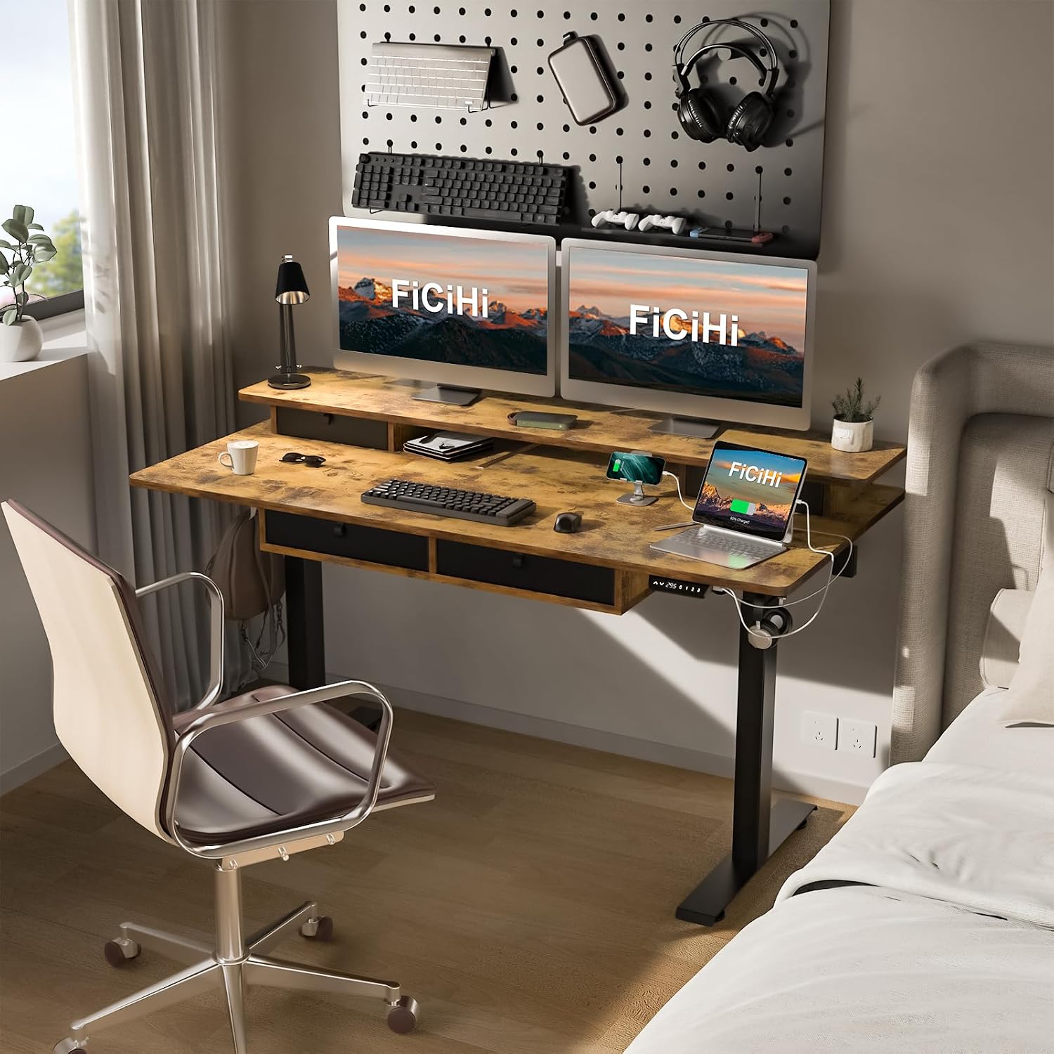 FiCiHi Adjustable Height Standing Desk with 4 Drawers,55 x 30 inches Electric Sit Stand Home Office Desk with Two Tiers, 3 Memory Presets, Monitor Stand Riser, USB A/C Charging Port