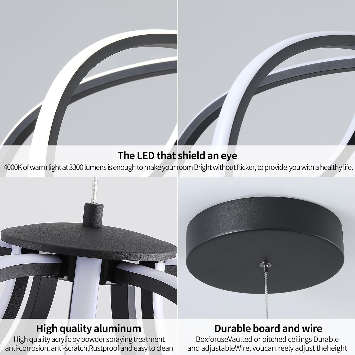 Modern LED Chandelier，Black Adjustable Hanging Chandelier ，Easy to Install, Suitable for Foyer, Dining Room, Living Room, Bedroom