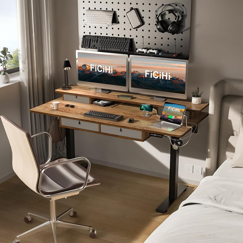 FiCiHi Adjustable Height Standing Desk with 4 Drawers,55 x 30 inches Electric Sit Stand Home Office Desk with Two Tiers, 3 Memory Presets, Monitor Stand Riser, USB A/C Charging Port