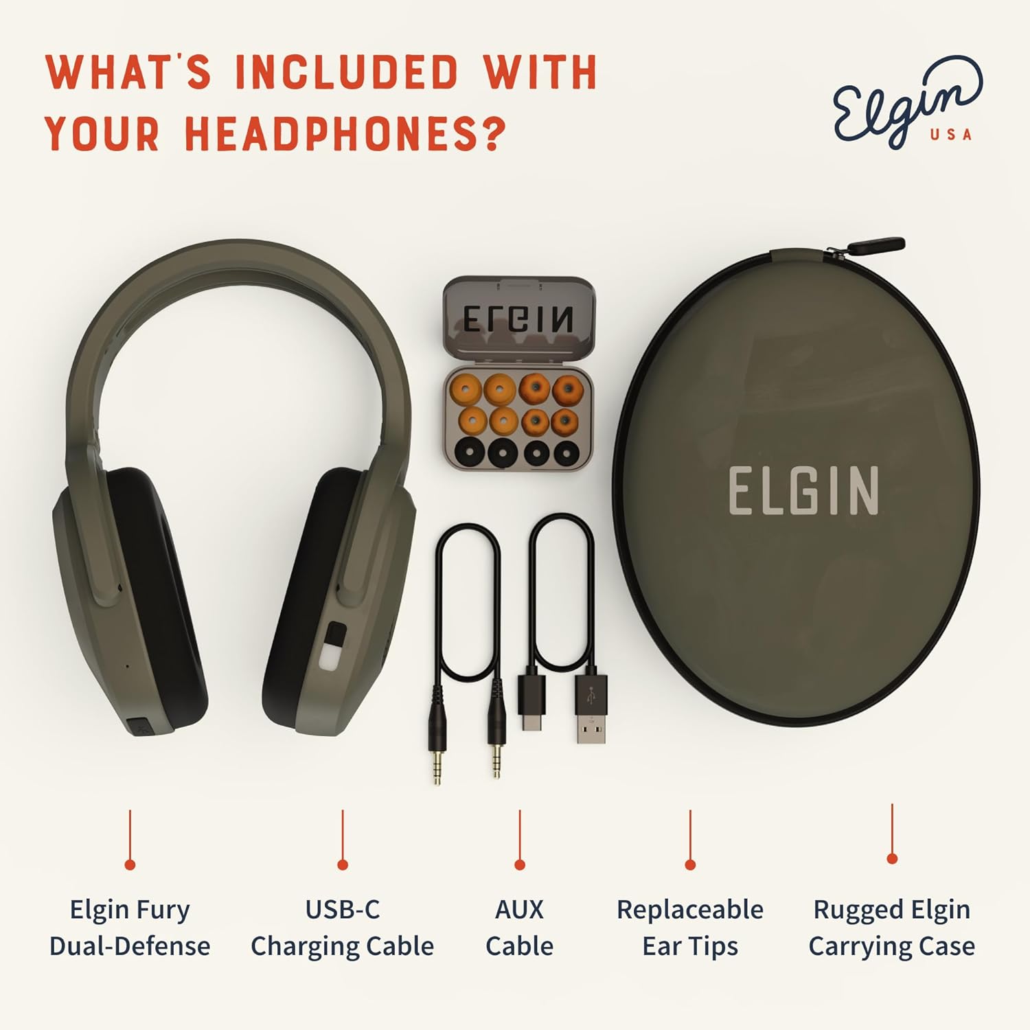 Elgin Fury Dual-Defense Safety Headphones with LED Work Light, 3 Wearable Modes (Headphones, Earbuds, Both), Noise Reduction Hearing Protection Headset for Outdoor Hunting, Power Tools, Chainsaw Use