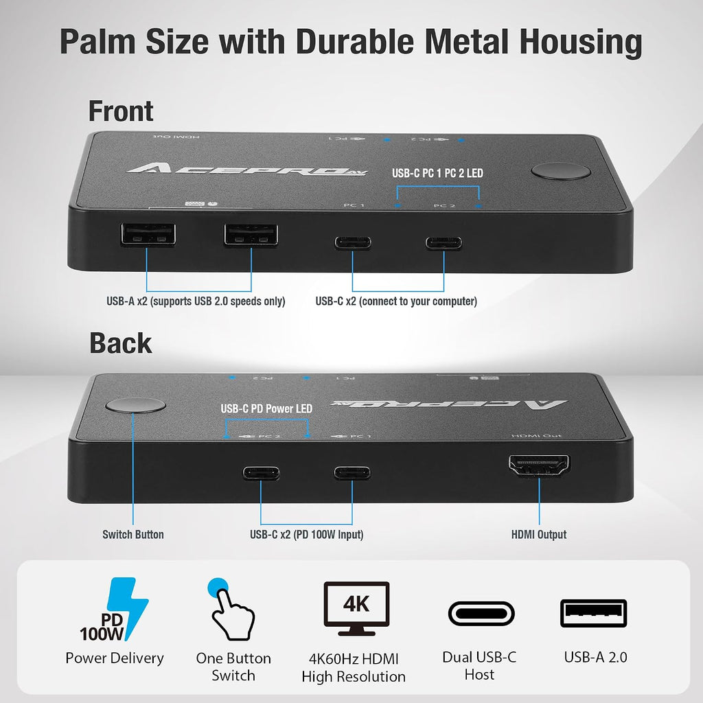 2x1 USB-C 4K60Hz KVM Switch with PD Pass-Through - Selector for 2 Computers Sharing 4K Monitor Keyboard Mouse - Includes 2 Cables for 100W Fast Charging - TAA Compliant