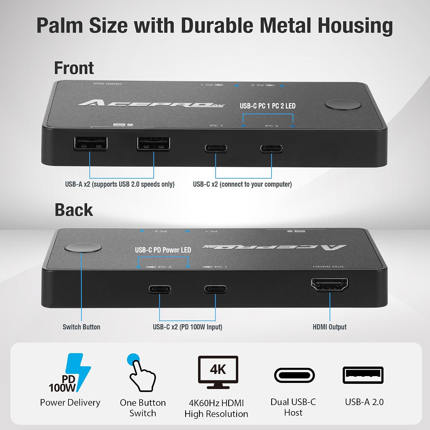 2x1 USB-C 4K60Hz KVM Switch with PD Pass-Through - Selector for 2 Computers Sharing 4K Monitor Keyboard Mouse - Includes 2 Cables for 100W Fast Charging - TAA Compliant