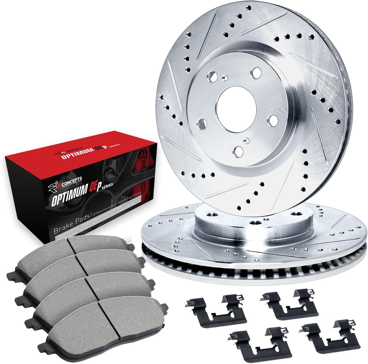 R1 Concepts Front Brake Kit Fits 2006-2011 Honda Civic Coupe Si; 2007-2011 Honda Civic Sedan Si| Optimum Oep Pads, Drilled Slotted Rotors| Hardware| 11.8' Front