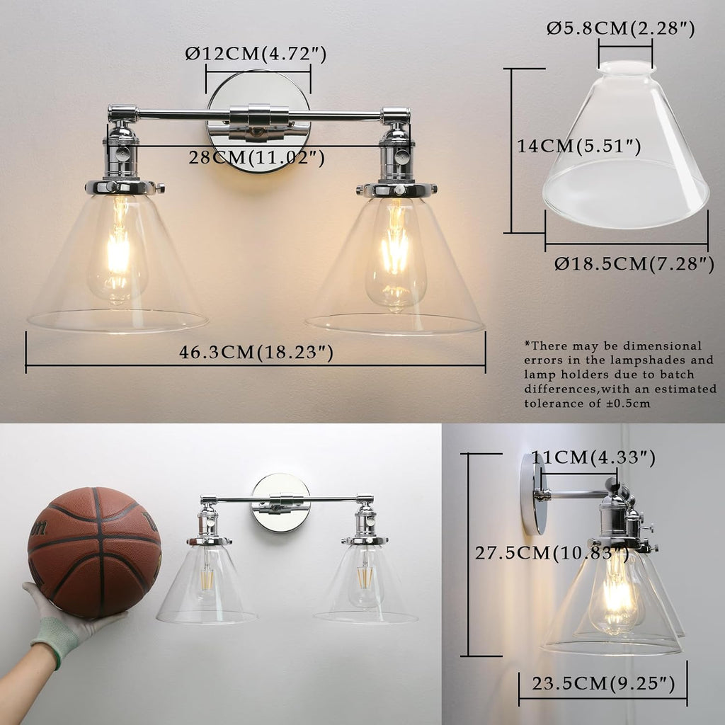 Phansthy 2-Light Wall Sconce Industrial Dual-Light Wall Light with Dual 7.3 Inch Cone Glass Lampshade (Chrome)