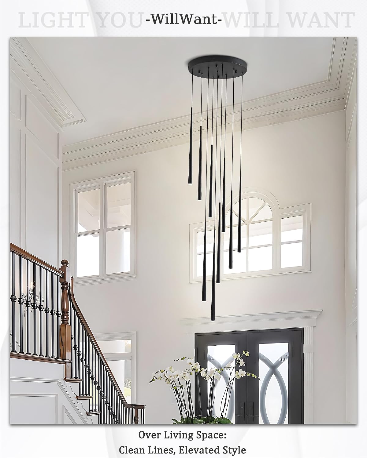 9-Light LED High Ceiling Chandelier, Modern Black Long Linear Pendant Chandelier for Staircase Entryway Foyer, Large Dimmable Hanging Light with 3 Color Temperatures