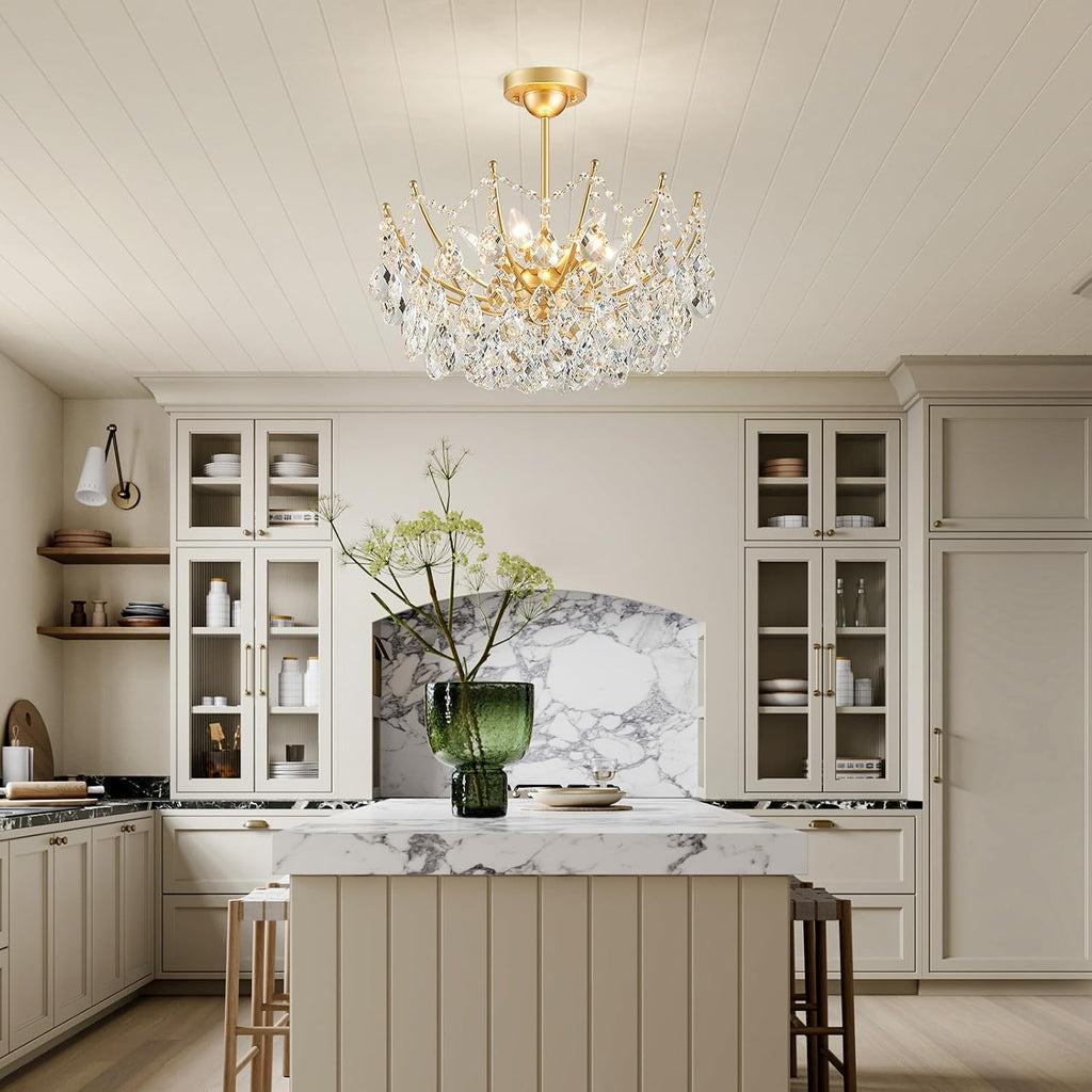 ANJIADENGSHI Crystal Chandelier Ceiling Light, Modern Semi Flush Mount Ceiling Light Fixture, Gold Hallway Lighting Fixtures Chandelier for Bedroom Bathroom Entryway Kitchen