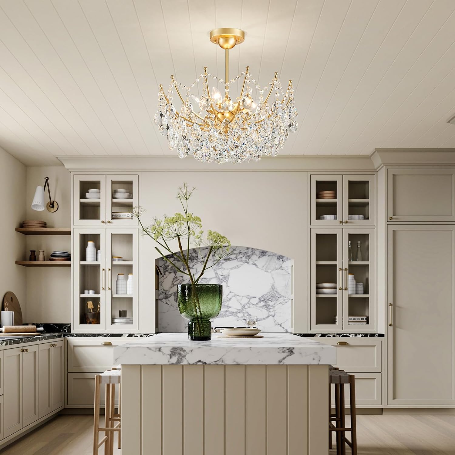 ANJIADENGSHI Crystal Chandelier Ceiling Light, Modern Semi Flush Mount Ceiling Light Fixture, Gold Hallway Lighting Fixtures Chandelier for Bedroom Bathroom Entryway Kitchen
