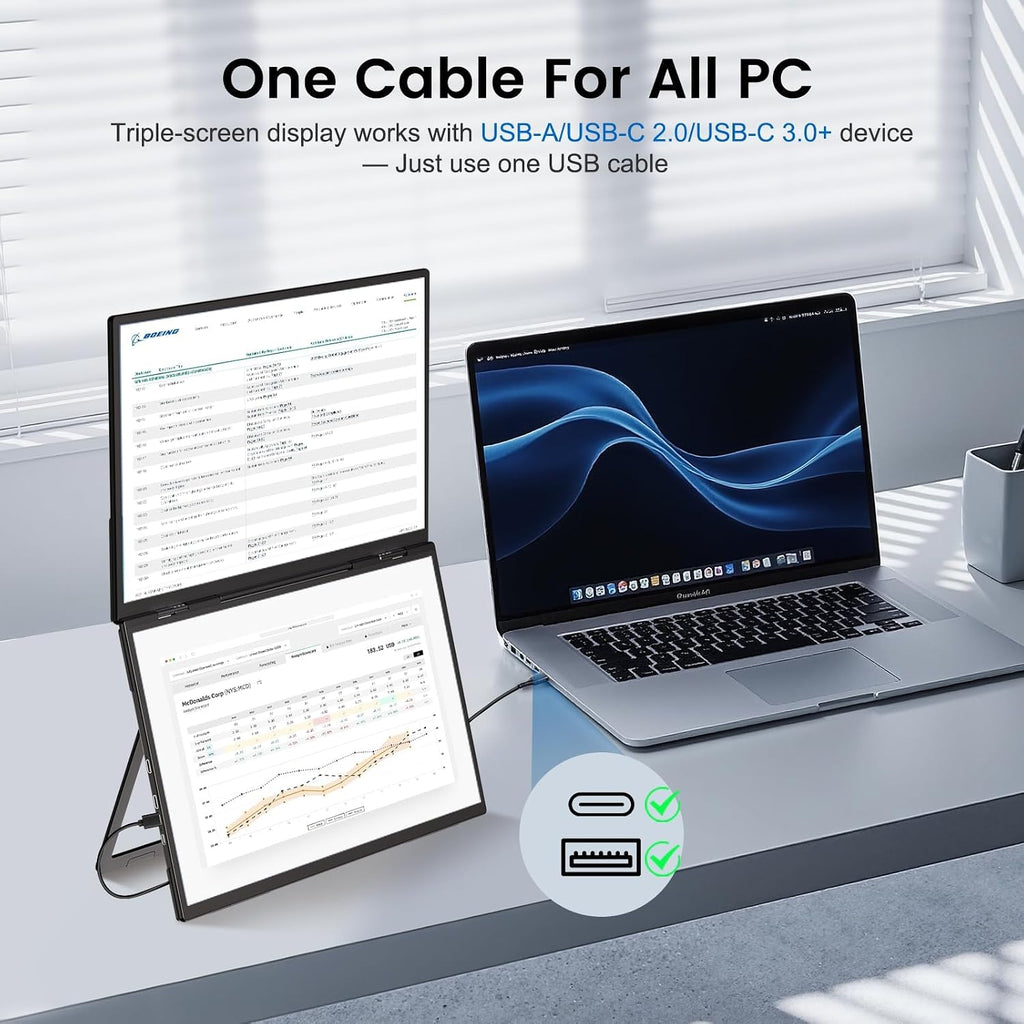 18.5'' Portable Dual Monitor, One Cable Laptop Screen Extender, FHD 1080P 100Hz Type-C USB-A HDMI, Folding Stacked Triple Monitor Built-in Stand Speakers for Laptop Desktop Windows Mac(Driver Need)
