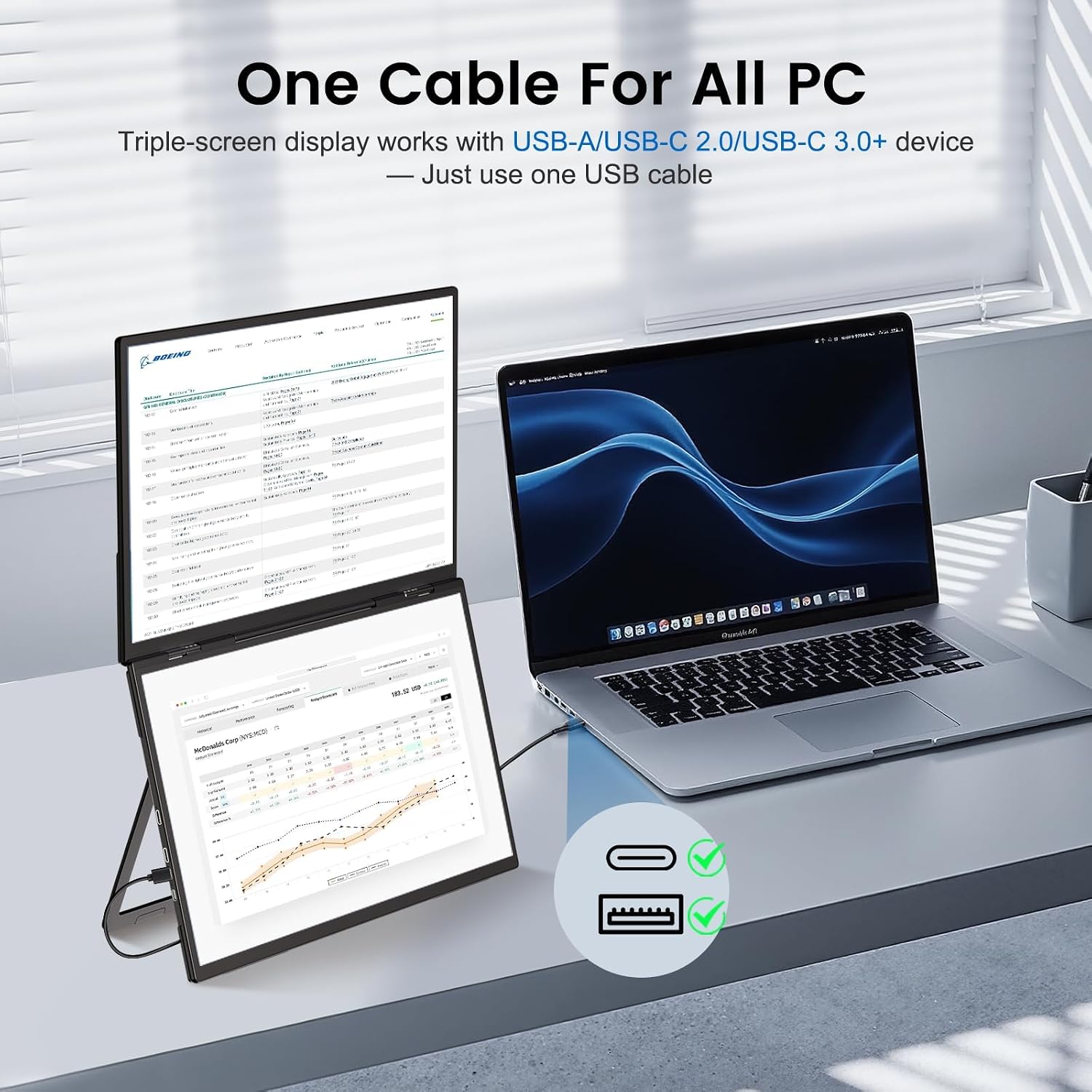 18.5'' Portable Dual Monitor, One Cable Laptop Screen Extender, FHD 1080P 100Hz Type-C USB-A HDMI, Folding Stacked Triple Monitor Built-in Stand Speakers for Laptop Desktop Windows Mac(Driver Need)