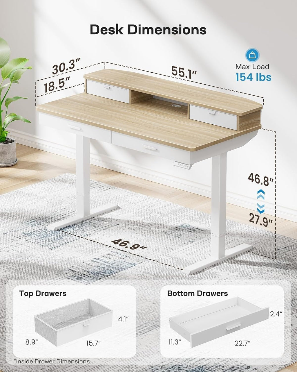HUANUO 55 x 30 inch Standing Desk with Wood Drawers,Electric Stand up Home Office Desk Adjustable Height with Two Tiers, Natural Ergonomic Stand up Desk with Monitor Stand