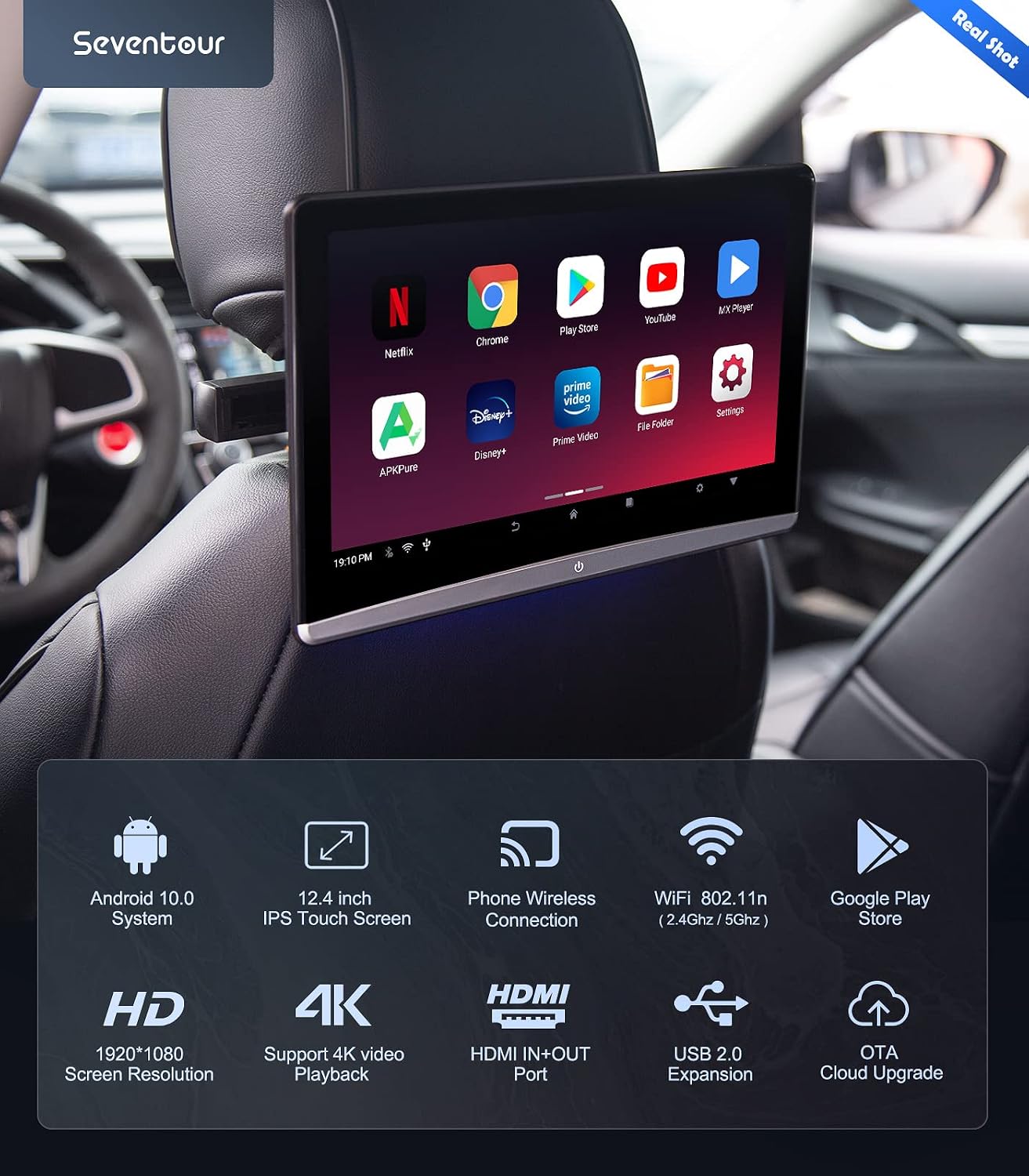 12.4' Android Universal 4K Car TV Headrest Monitor Tablet for Back seat, Support Phone Wireless Connection Mirror Link Touch Screen,with WiFi/Bluetooth/HDMI/USB/AV in/SD/Airplay Video Player(1*pcs)