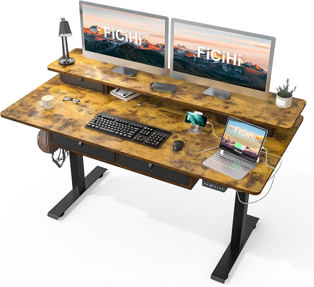 FiCiHi Adjustable Height Standing Desk with 4 Drawers,63 x 30 inches Electric Sit Stand Home Office Desk with Two Tiers, 3 Memory Presets, Monitor Stand Riser, USB A/C Charging Port