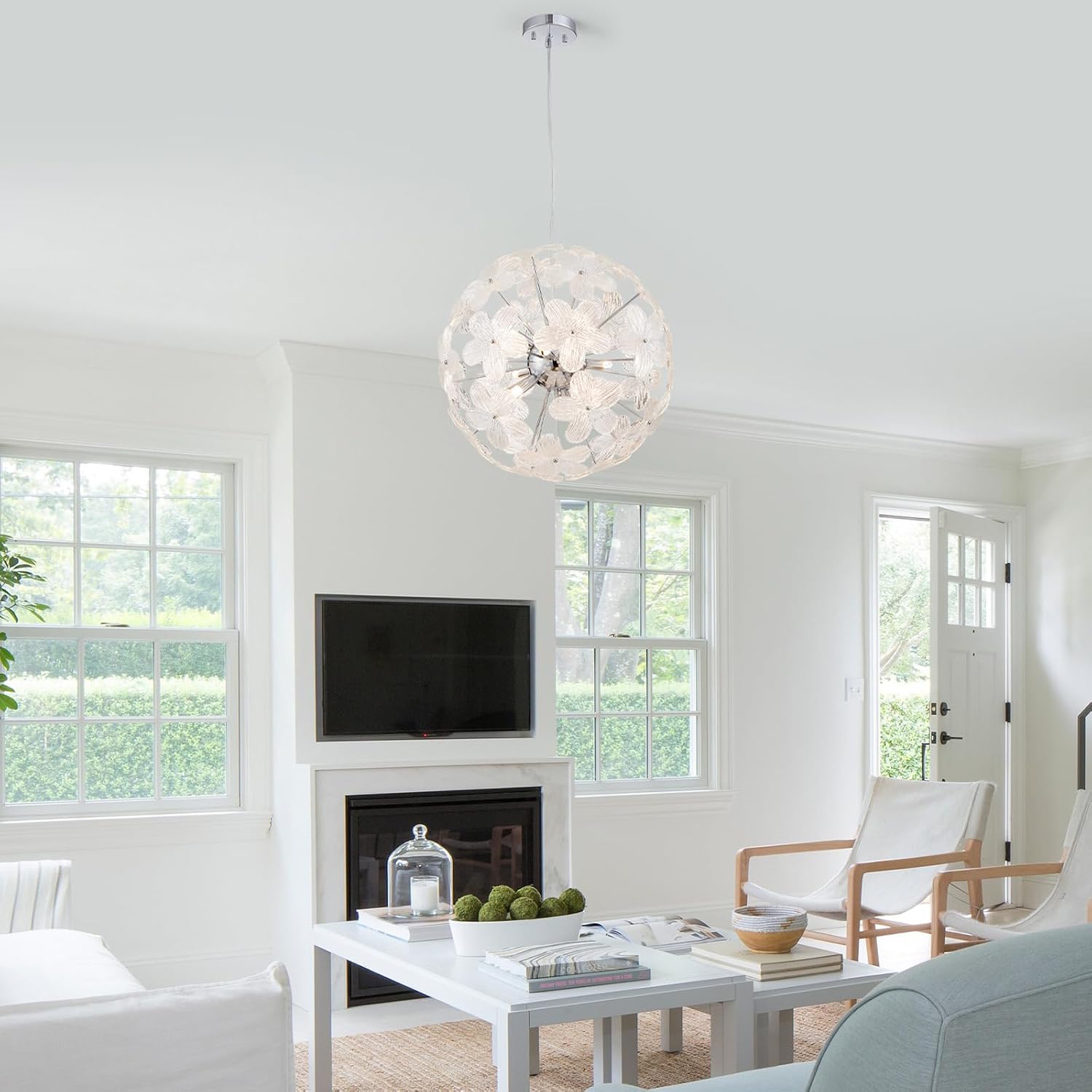 Modern Flower Chandelier Spherical Glass Pendant Light Fixture Height Adjustable Hanging Lamp Semi Flush Mount Ceiling 9 Light for Dining Room, Living Room, Bedroom, Hallway, Kitchen, Foyer