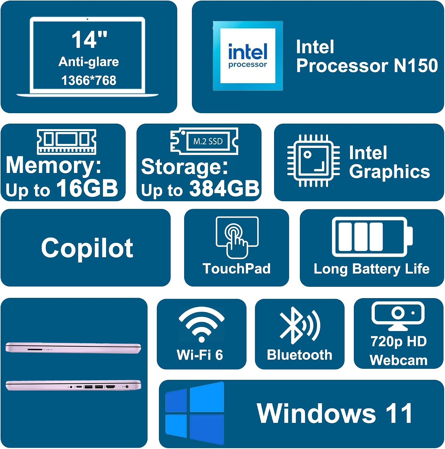HP 14 Lightweight Business & Student Portable Laptop 14' HD Anti-Glare Intel 4-core N150 8GB RAM 192GB Storage (128GB UFS + 64GB SD Card) Long-Lasting Battery Office365 (1-yr) Win11 ICP Accessory