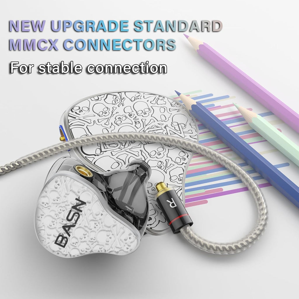 BASN Bmaster5 in Ear Monitors, 5 Drivers Drummer Headphones with Powerful Bass, Noise Isolation IEM Earbuds with Detachable MMCX Silver-Plated OFC Cable for Musicians (Glacier White, 3.5mm)