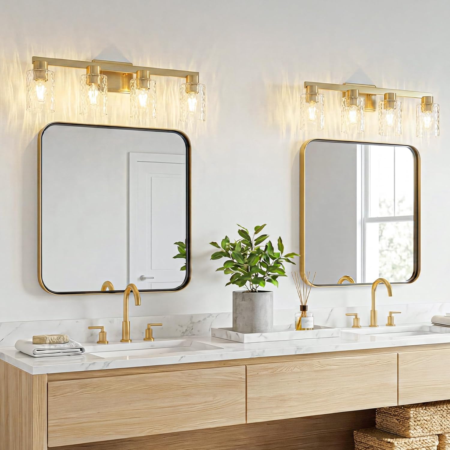 4-Light Bathroom Light Fixtures Modern Gold Vanity Lights with Water Ripple Glass Wall Sconces Over Mirror for Bathroom, Powder Room, Living Room
