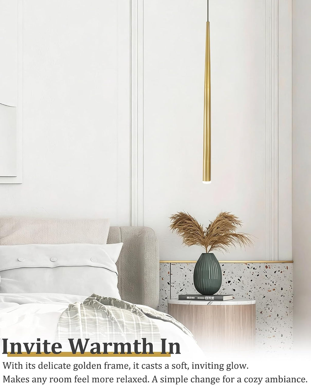 3 Pack Modern Brass Gold Pendant Lights, 27.5' Contemporary Tube Tapered Cylinder Hanging Light Fixture with Dimmable 4000K LED for Kitchen Island, Dining Room, Bar, Bathroom