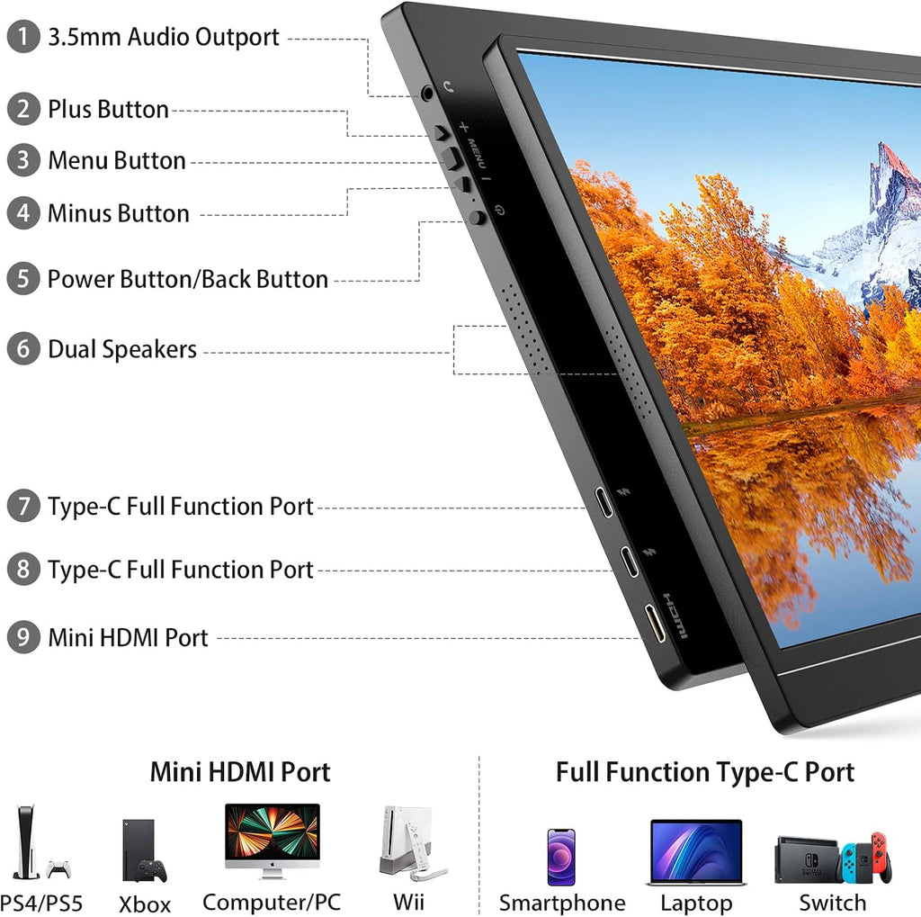 KYY 15.6'' Portable Monitor Bundle [K3 Grey & K3-2 Black] 1080P FHD USB-C Laptop Computer Display HDR IPS Gaming Monitor w/Smart Cover & Dual Speakers, for Laptop PC Phone PS4 Xbox Switch