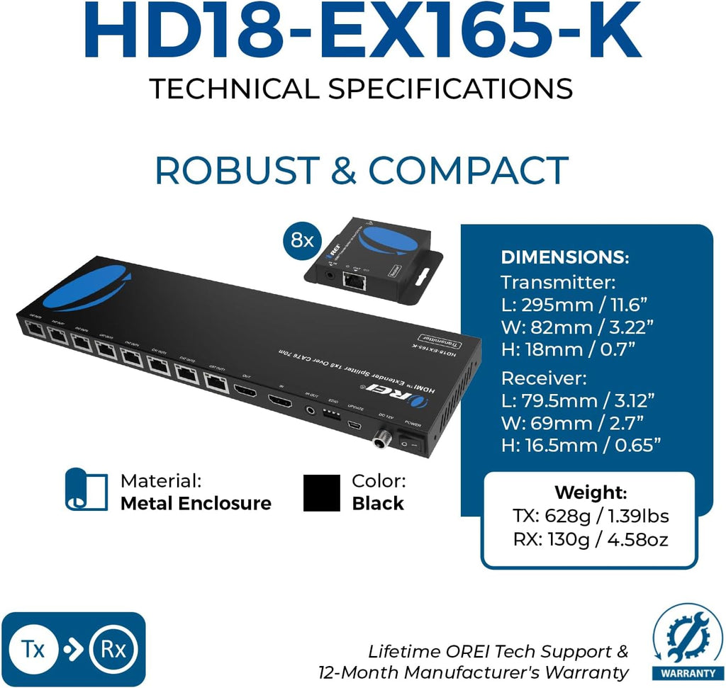 OREI 4K 1x8 HDMI Extender Splitter Multiple Over CAT 6/7 Cable with EDID management - 4K@30Hz upto 165ft and 1080p@60Hz upto 230ft- Loop Out