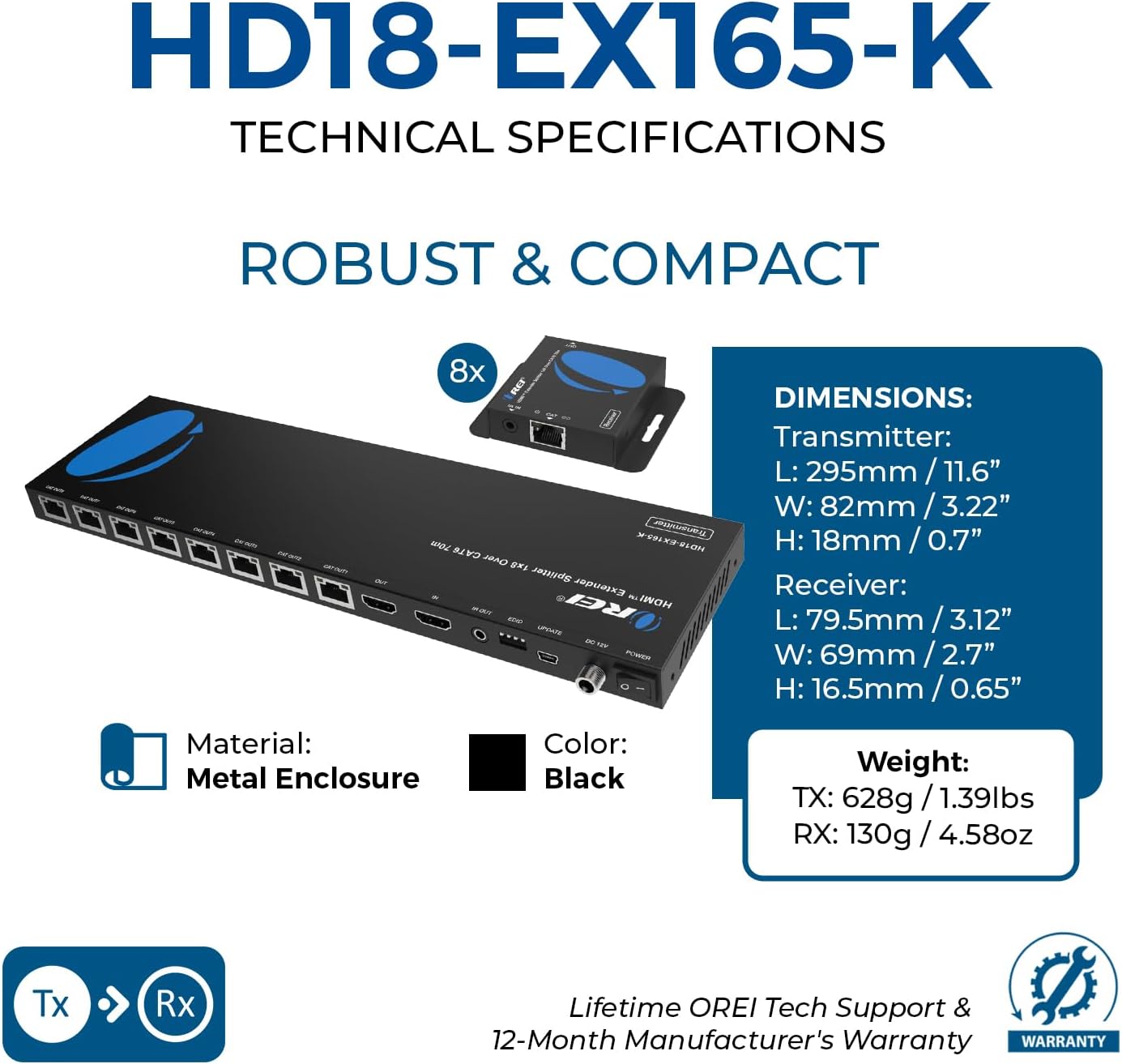 OREI 4K 1x8 HDMI Extender Splitter Multiple Over CAT 6/7 Cable with EDID management - 4K@30Hz upto 165ft and 1080p@60Hz upto 230ft- Loop Out