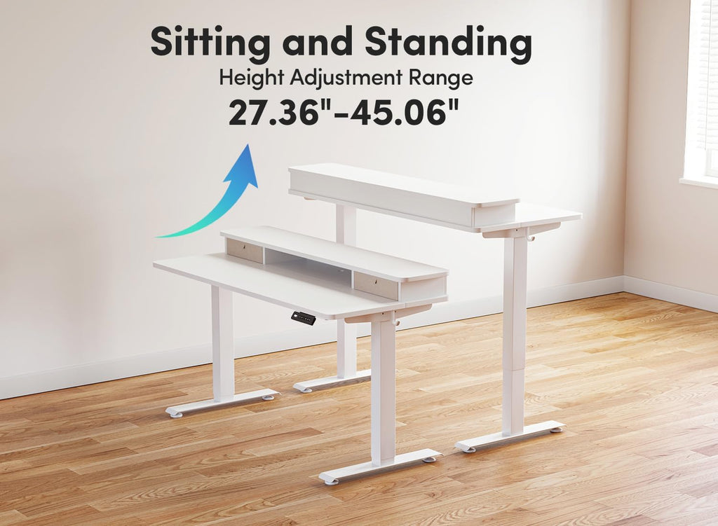 BANTI 40x24 Inch Electric Standing Desk with Dual Drawers, Height Adjustable Stand Up Table, Sit Stand Home Office Desk with Storage Shelf, White Frame/White Top
