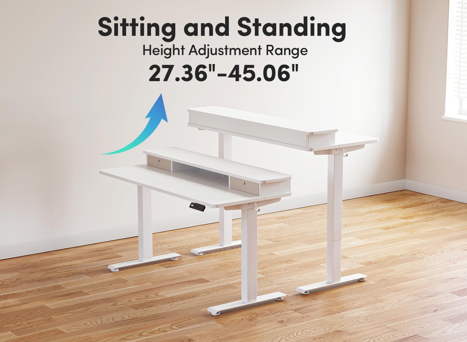 BANTI 40x24 Inch Electric Standing Desk with Dual Drawers, Height Adjustable Stand Up Table, Sit Stand Home Office Desk with Storage Shelf, White Frame/White Top