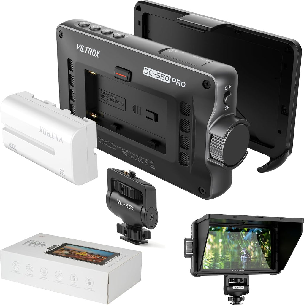 VILTROX Camera Field Monitor DC-550pro 5.5' Kit Touch Screen 4K HDMI DSLR Cameras Video Monitors with Sunshade Hood np-f550 Battery