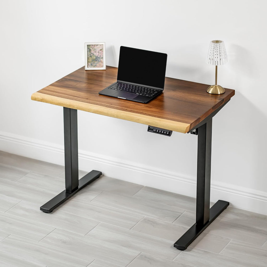 Small Standing Desk – Walnut Solid Wood Desk, Natural Live Edge, Adjustable Height Dual Motor, Sit Stand for Home Office (Black, W38 x D25)