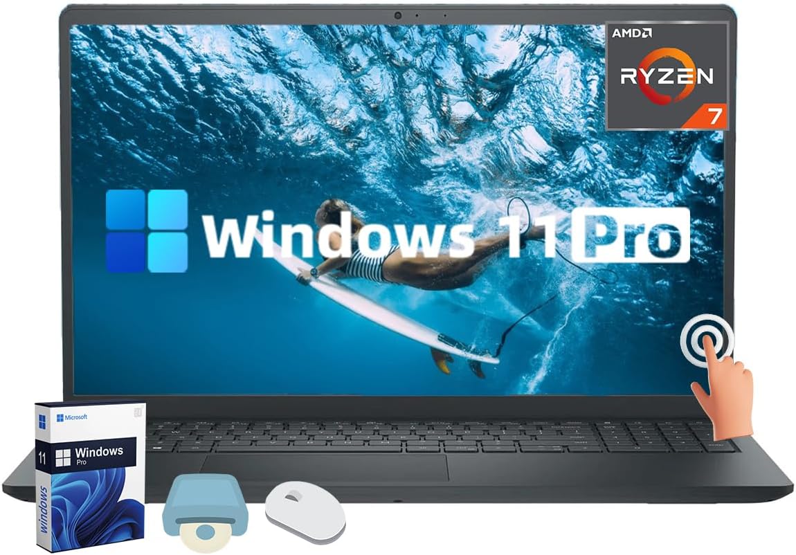 Dell Inspiron 15 Touchscreen Laptop - Windows 11 Pro, AMD Ryzen-7 7730U (8-core 16-Thread), 15.6'' FHD Display, Business Portable Laptop Computer, 41Hr Battery (32GB RAM | 1TB SSD)
