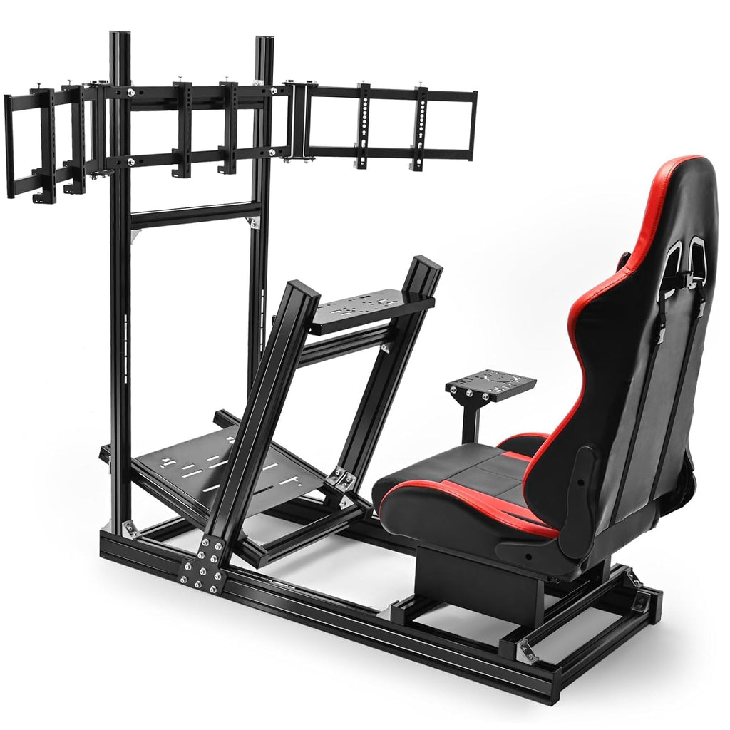 Supllueer 8040 Aluminum Sim Racing Cockpit with 3 Display Stand and Gaming Seat, Compatible with Logitech G29 G920, for Thrustmaster T150 T248, for Fanatec CSL-DD, for Moza R5 R9 Wheels