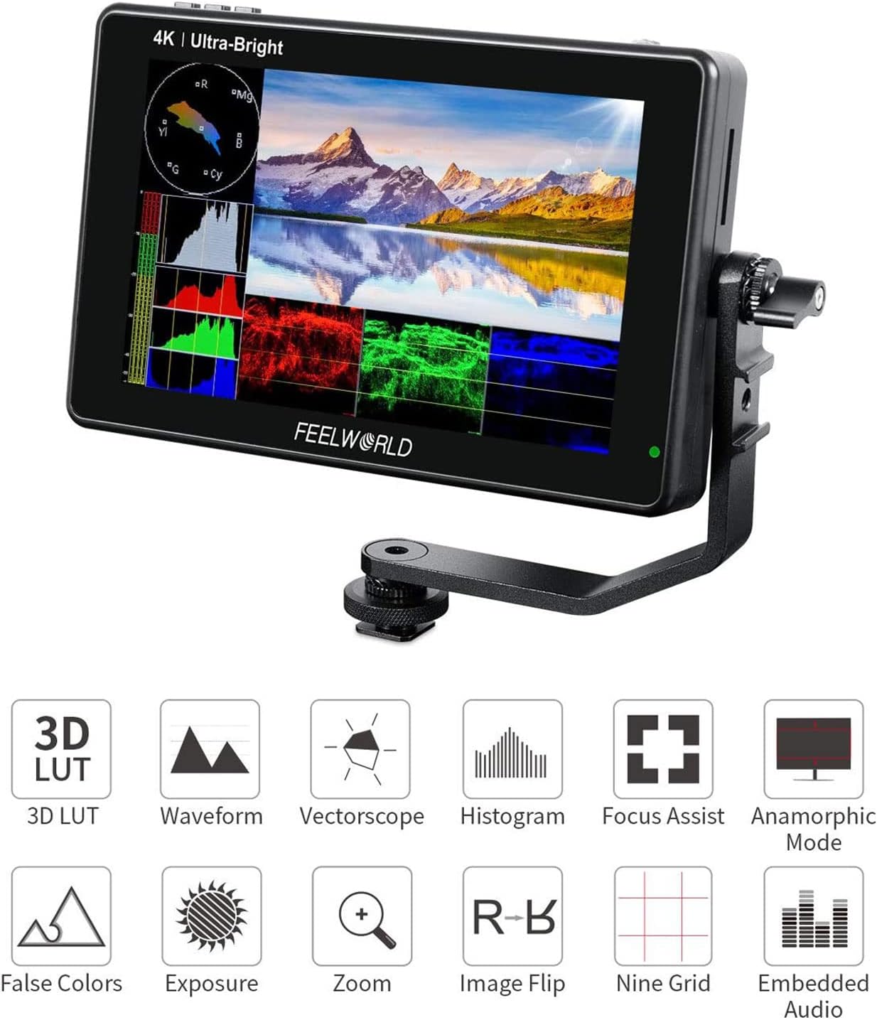 FEELWORLD LUT7S 7 Inch 2200nit Ultra Bright Touch Screen DSLR Camera Field Monitor with 3D Lut HD 1920x1200 4K HDMI and 3G SDI Input Output + Tilt Arm