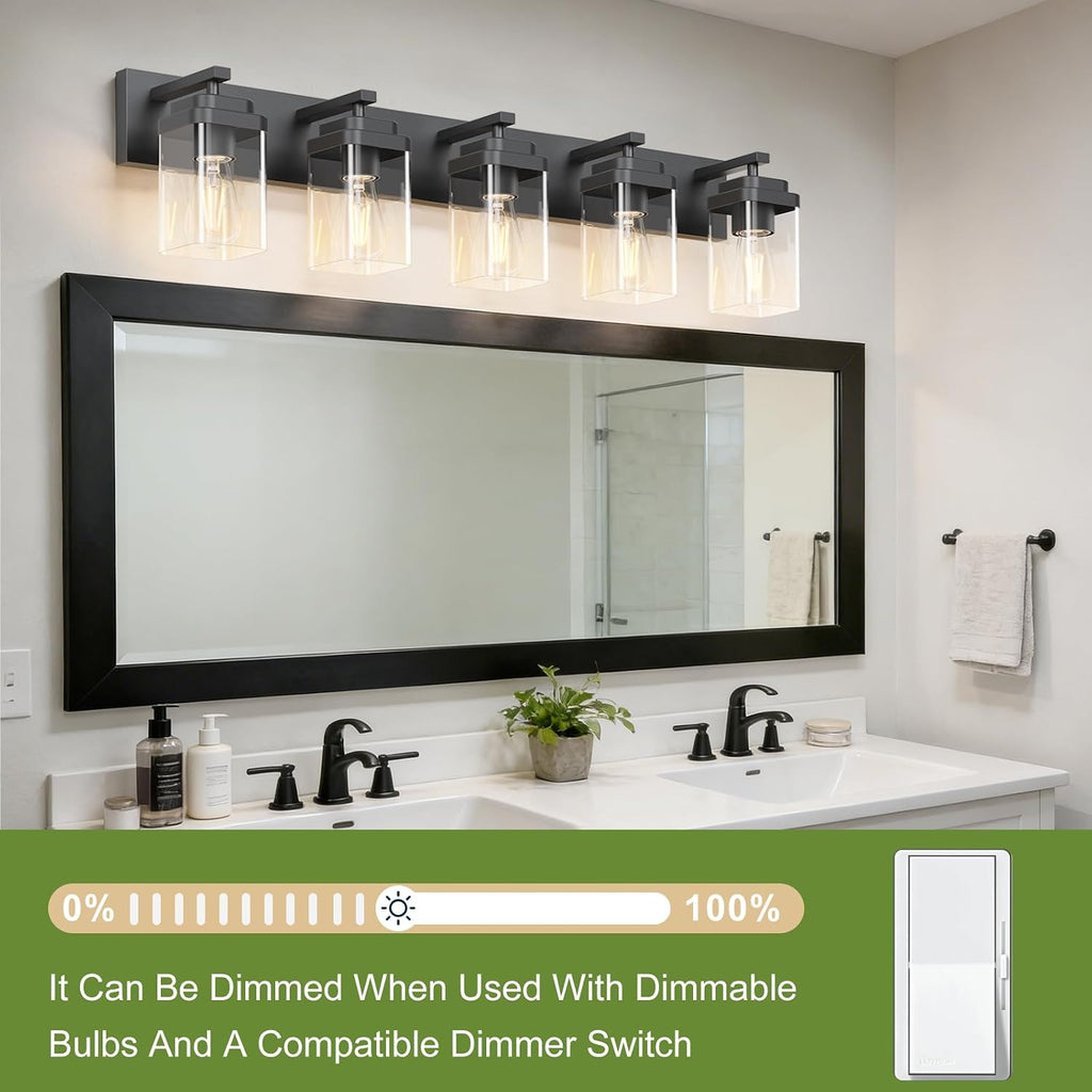 Black Bathroom Light Fixtures, 5 Lights Bathroom Lighting Fixtures Over Mirror, Square Design & Rectangle Large Backplate, Modern Vanity Lighting Fixtures, for Bathroom/Living Room/Bedroom