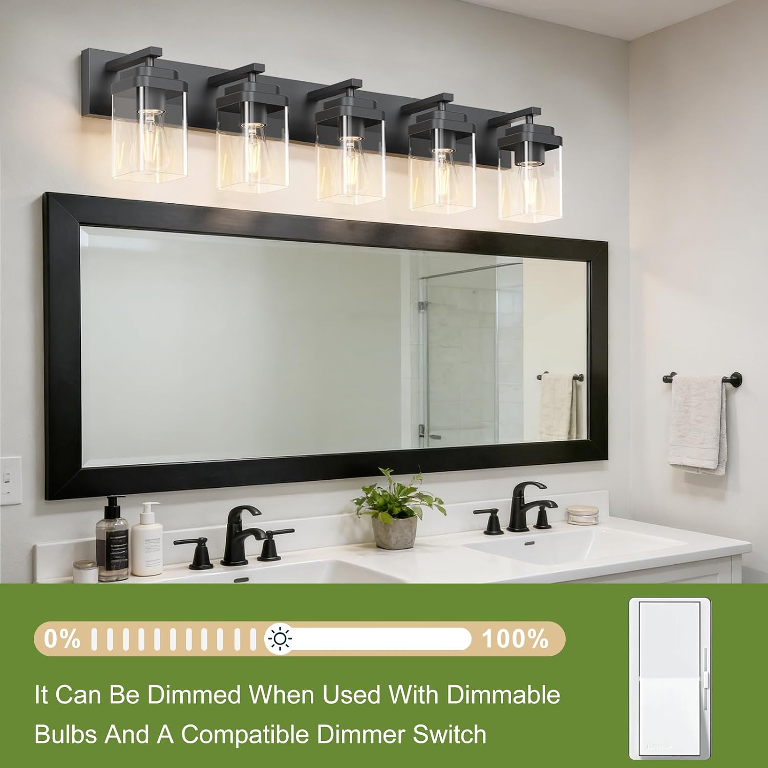 Black Bathroom Light Fixtures, 5 Lights Bathroom Lighting Fixtures Over Mirror, Square Design & Rectangle Large Backplate, Modern Vanity Lighting Fixtures, for Bathroom/Living Room/Bedroom