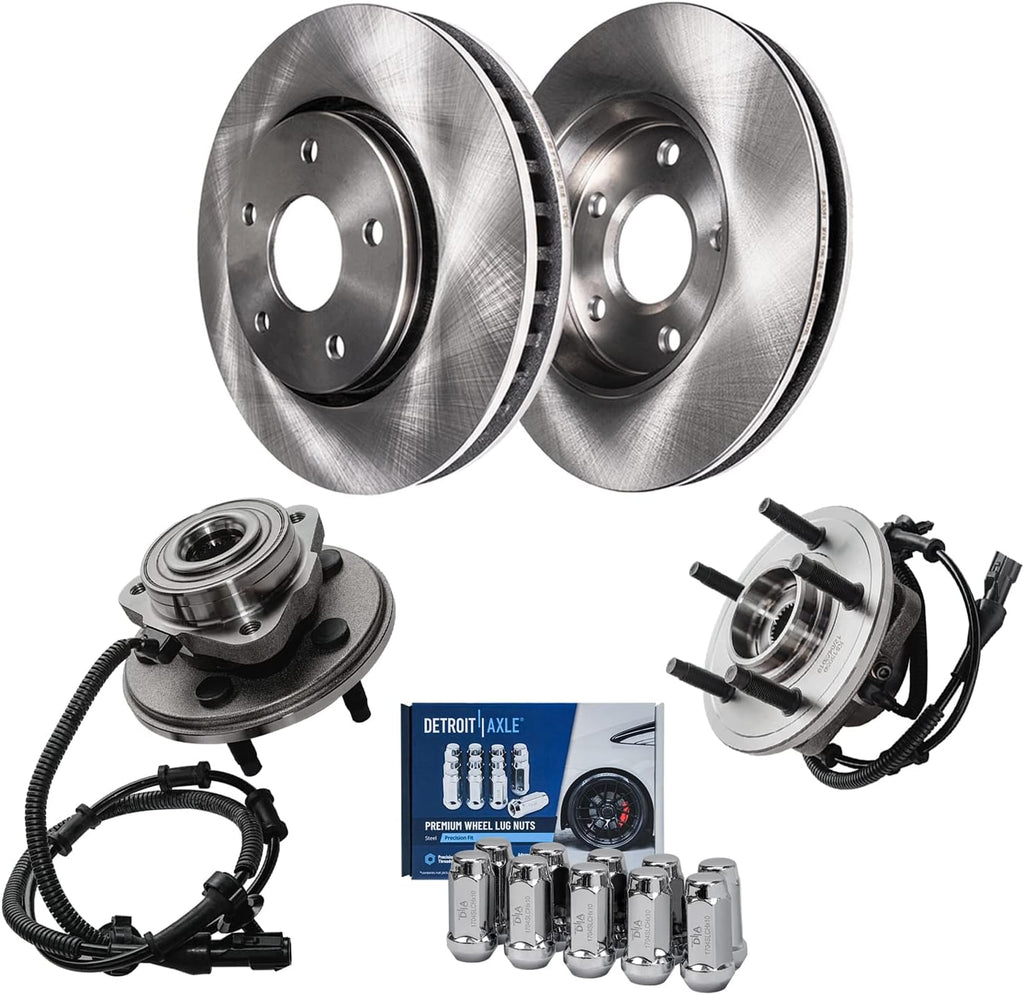 Detroit Axle - Front Brake Kit for Ford Explorer Mercury Mountaineer Disc Brake Rotors Wheel Bearing Hubs Assembly 10pc Wheel Lug Nuts 2002 2003 2004 2005 Replacement