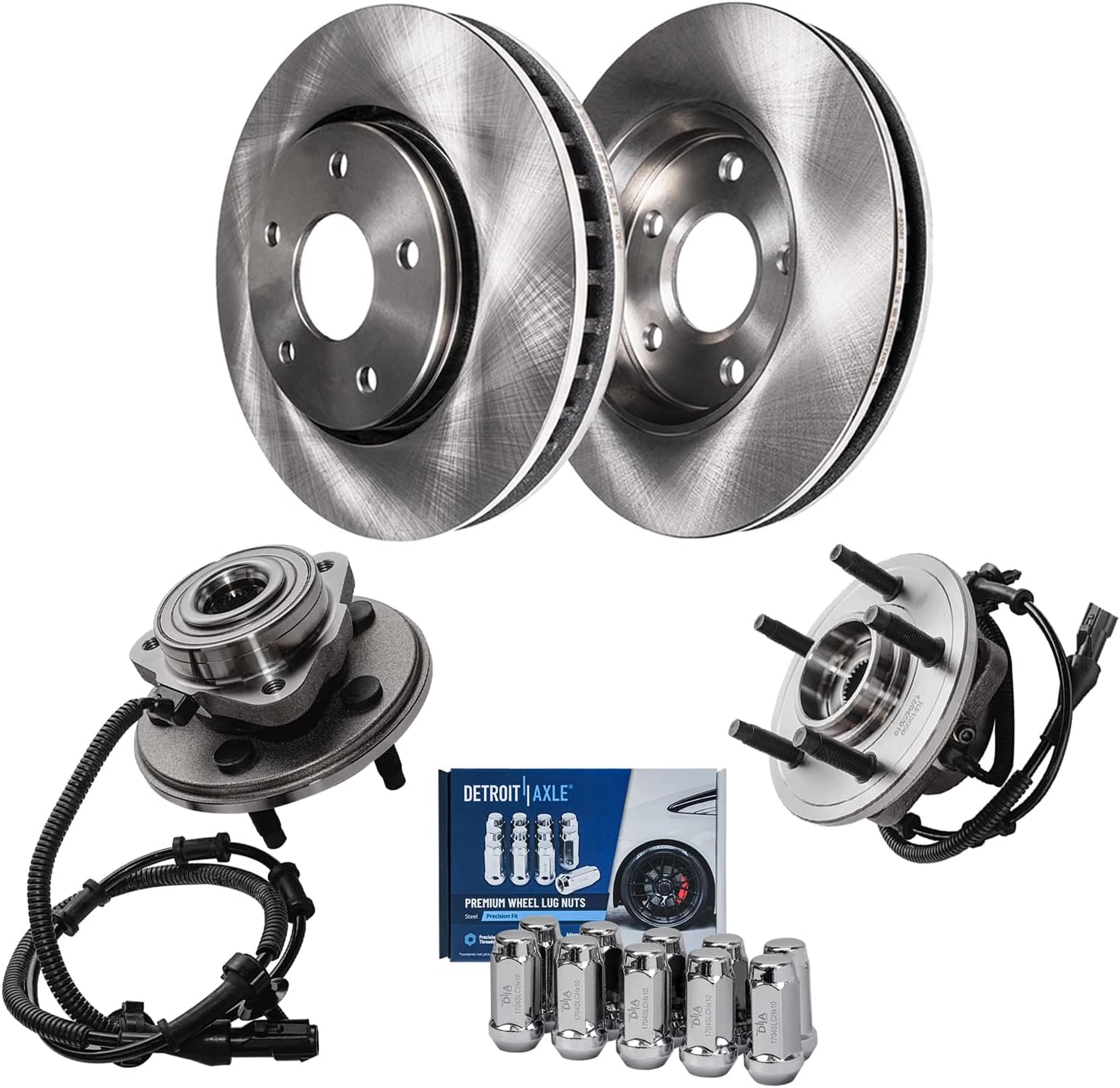 Detroit Axle - Front Brake Kit for Ford Explorer Mercury Mountaineer Disc Brake Rotors Wheel Bearing Hubs Assembly 10pc Wheel Lug Nuts 2002 2003 2004 2005 Replacement