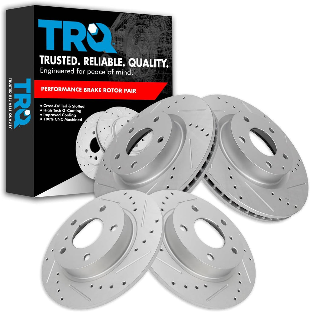 TRQ Performance Front and Rear Brake Rotor Set G Coated Drilled and Slotted Compatible with 2014-2018 Mazda 3 2019-2021 Mazda CX-3
