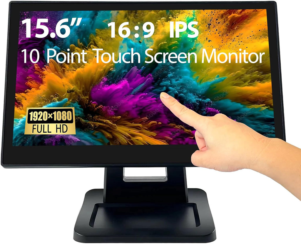 ANGEL POS 15.6 Inch 1920 x 1080 FHD IPS Touchscreen POS Monitor with Metal Stand, 10 Points Touch HDMI VGA, Waterproof Dustproof Screen 1080P, Indusitrial, Office, Retail, Gym, Warehouse (Black)