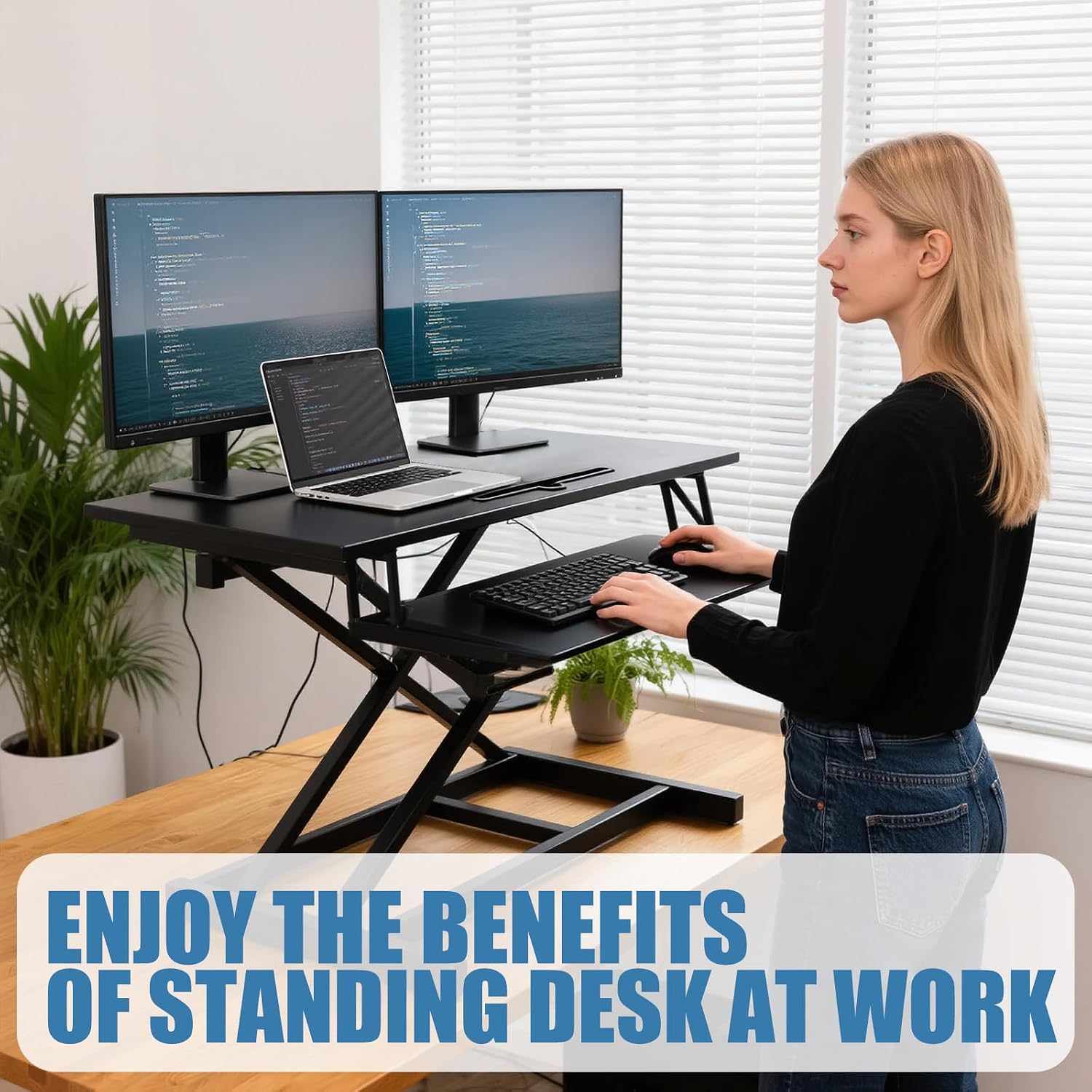 Standing Desk Converter, Height Adjustable Sit to Stand Riser, Dual Monitor and Laptop Workstation with Wide Keyboard Tray, Desk Lifter for Home Office