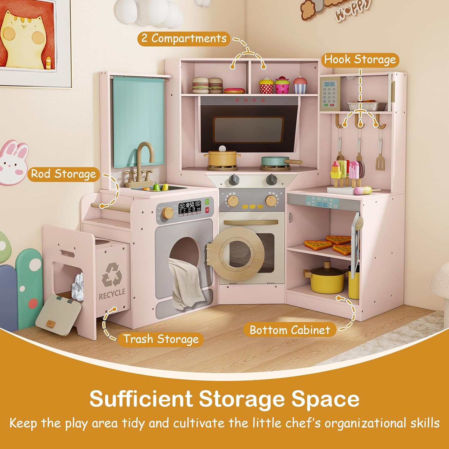GLACER Corner Wooden Play Kitchen with Real Lights & Sounds, Pretend Kids Kitchen Playset with Trash Bin, Accessories, Dishwasher, Microwave Oven, Cooking Play Set for Toddlers Ages 3+ (Pink)