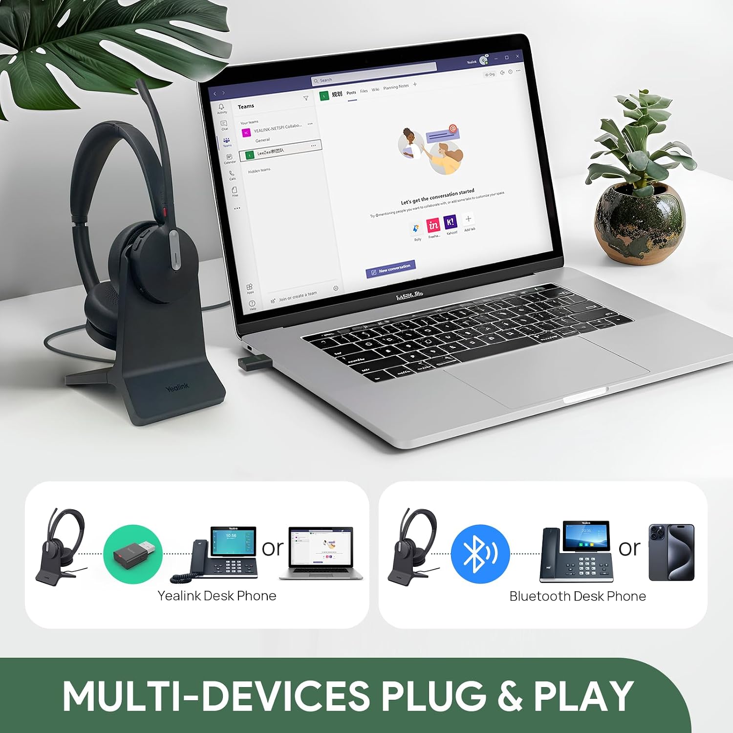 Yealink WH64 Hybrid Wireless Headset with Mic for Work, Mono Headset with Charge Stand, Bluetooth & DECT Dongle for PC/Computer/IP Phone/Cell Phones, Teams, Zoom, 492 ft Range, 26H Talk Time
