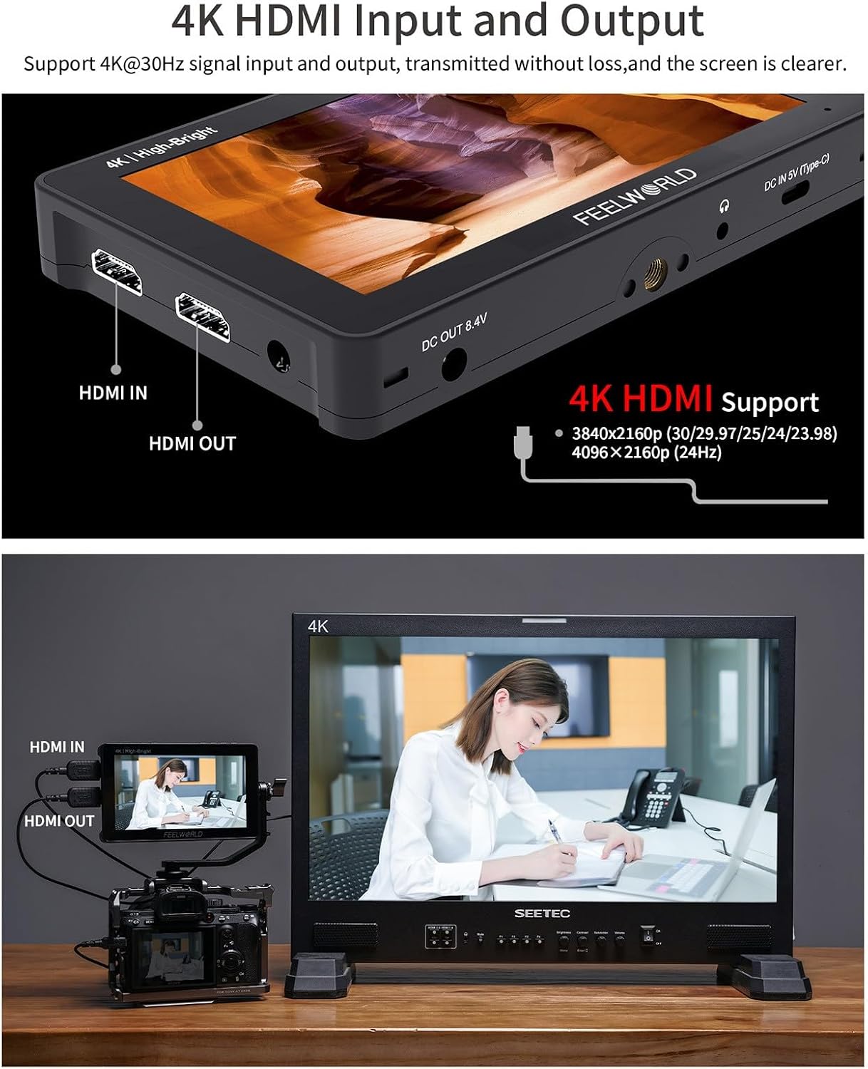 FEELWORLD F6 Pro +NP-F970 Battery, Charger, Storage Case kit, 5.5 Inch 4K HDMI Touch Screen On-Camera Monitor 1600nits High Bright FHD 1920x1080 Filed Monitor with F970 External Install and Power kit