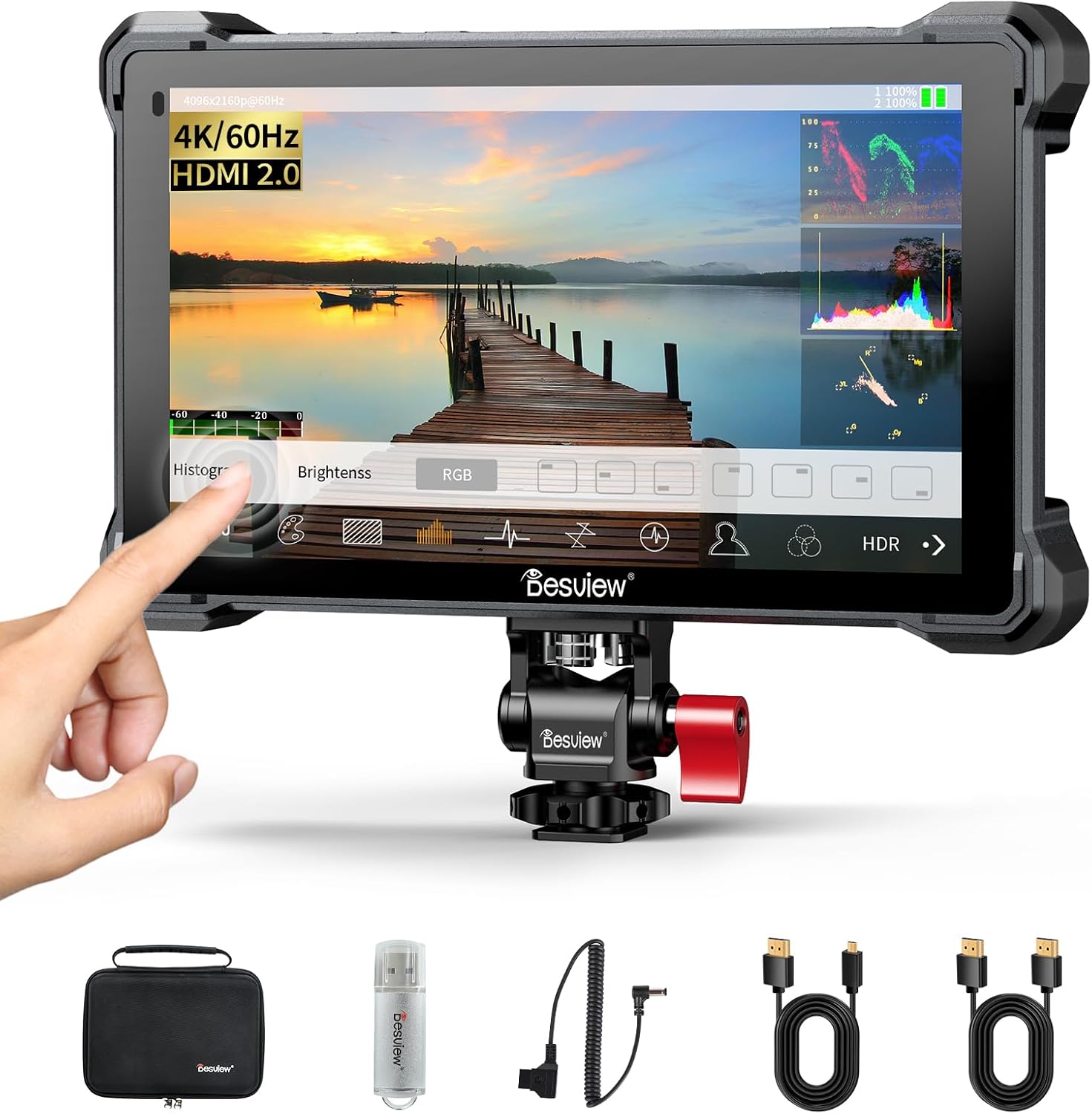 Desview A7 Camera Field Monitor, 7 inch Touch Screen 2800nit 1920 * 1080 Full HD 4K HDMI with 3D Lut Waveform VectorScope Histogram False Color Peaking Focus for DSLR Camera