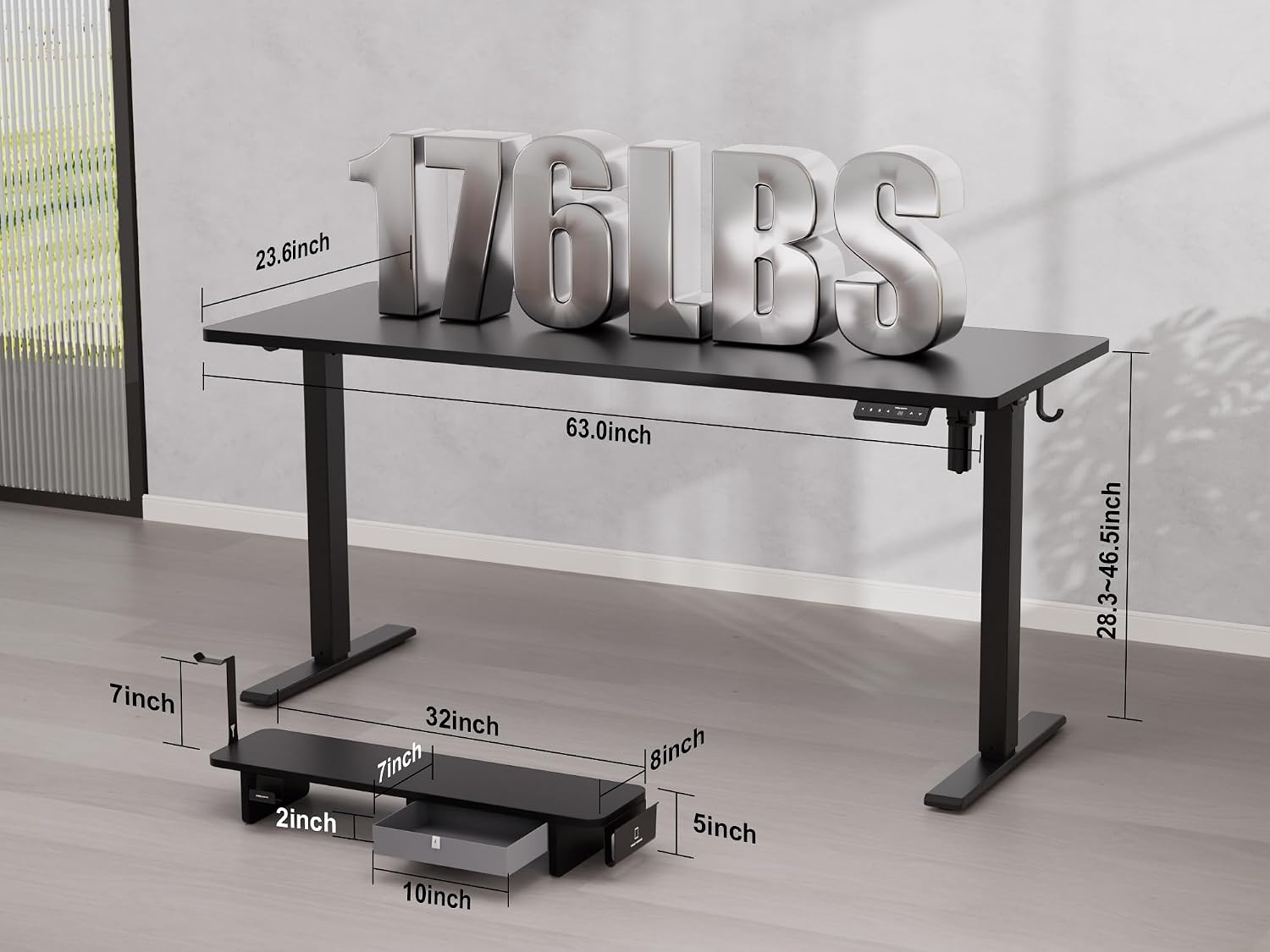WALKINGDESK 63x24 Inches Electric Standing Desk with Drawer and Monitor Stand, Height Adjustable Sit to Stand up Desk for Home Office, Ergonomic Computer Table with Phone Holder, 3 Hooks, Black
