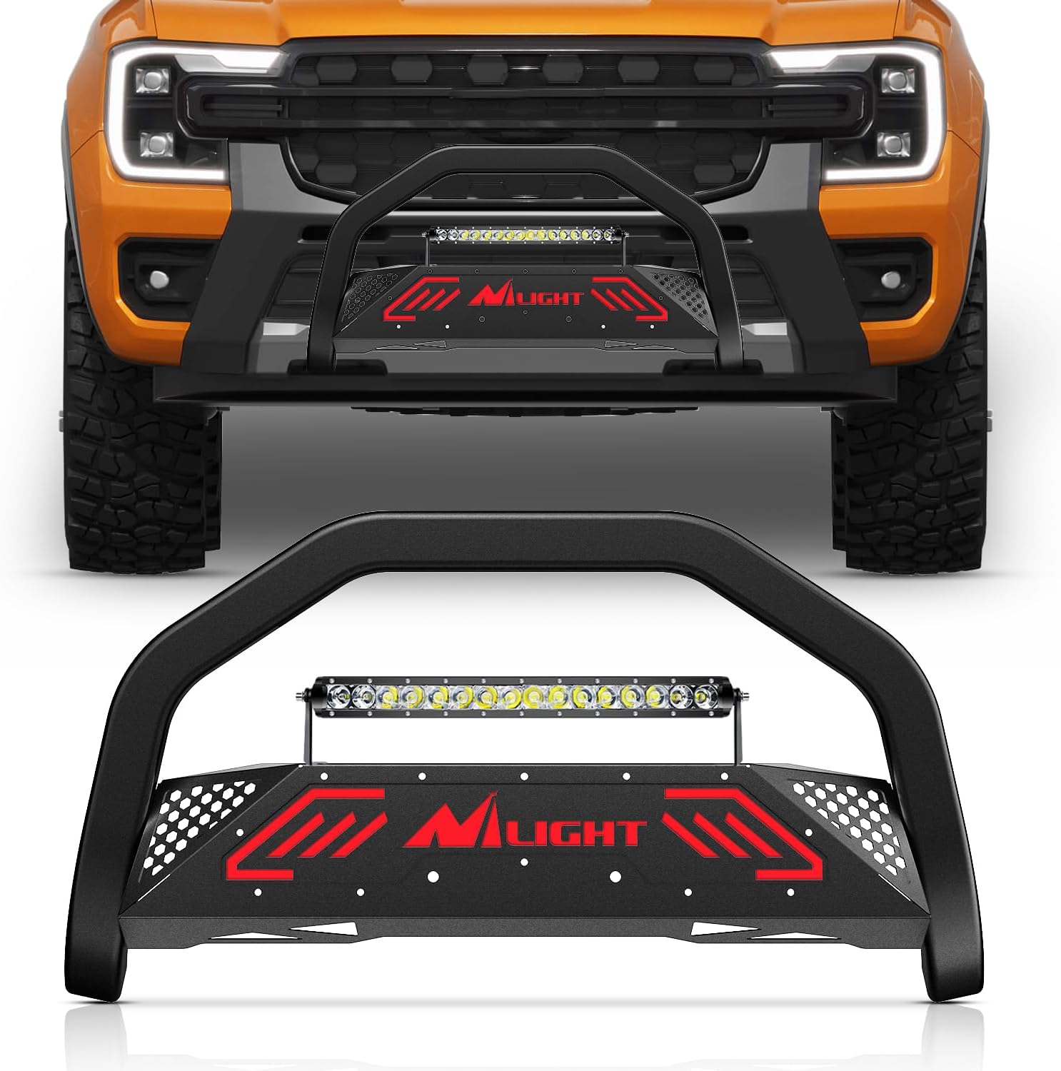 Nilight Bull Bar&License Plate Hole with LED Light Bar Compatible with Ford Ranger 2019 2020 2021 2022 2023 2024 2025 2026 Truck Brush Guard, Front Bumper Push Bar w/Grille Skid Plate Light Mount