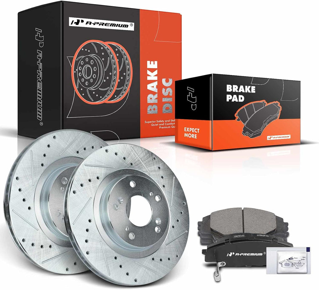 A-Premium 11.81 inch (300mm) Front Drilled and Slotted Disc Brake Rotors + Ceramic Pads Kit Compatible with Select Honda and Acura Models - Civic 2006-2011, CSX 2007-2010, RSX 2002-2006, 2.0L 6-PC Set