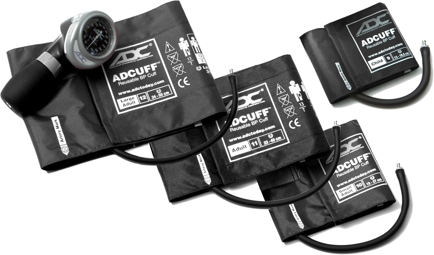 ADC Multikuf 732 4-Cuff EMT Kit with 804 Portable Palm Aneroid Sphygmomanometer, Child, Small Adult, Adult and Large Adult Blood Pressure Cuffs (13-50 cm), Nylon Zipper Storage Case, Black