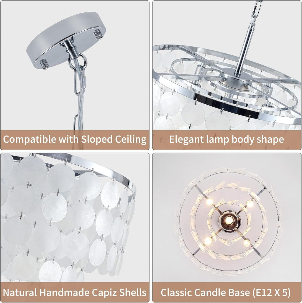 17.72' Capiz Shell Chandelier, 5 Light Chrome Dining Room Light Fixture, Modern Natural Coastal Seashell Chandeliers for Living Room Bedroom Foyer Bathroom (White Seashell Lighting Fixtures)