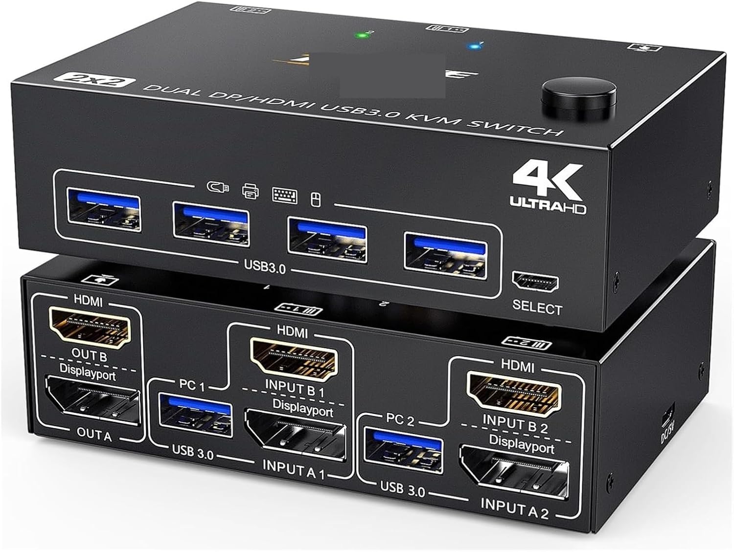 USB 3.0 Dual Monitor KVM Switch HDMI Displayport，KVM Switch for 2 Computer Share 2 Display and 4 USB3.0 Devices