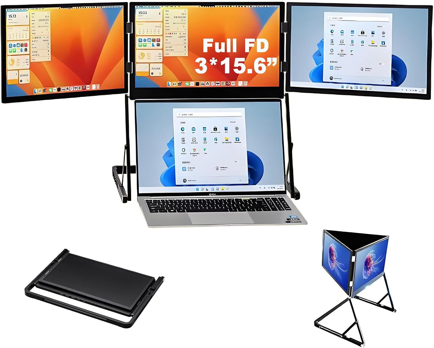 Triple Screen Laptop Monitor Extender, One USB-C Cable for Tri-Screen, 15.6' 1080P FHD IPS Travel Monitor for laptops, with 360° Rotation, Triple Screen Extender Display for Mac/Windows